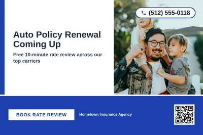 Bold Color Block · Bottom Bar: Auto Policy Renewal Coming Up