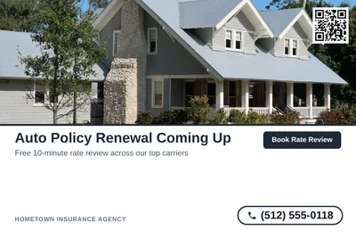 Clean Photo · Photo Top, Text Bottom: Auto Policy Renewal Coming Up