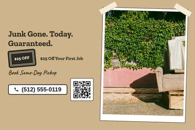 Kraft and stamp · Split: Junk Gone. Today. Guaranteed.