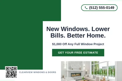 Bold Color Block · Corner Accent: New Windows. Lower Bills. Better Home.