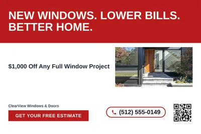 Bold Color Block · Horizontal Bands: New Windows. Lower Bills. Better Home.
