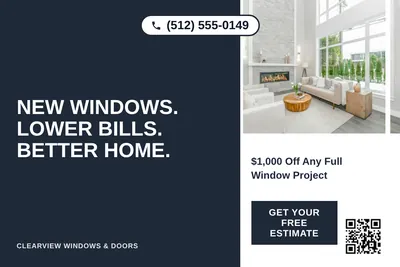 Bold Color Block · Vertical Split: New Windows. Lower Bills. Better Home.