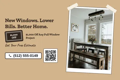 Kraft and stamp · Photo Frame: New Windows. Lower Bills. Better Home.