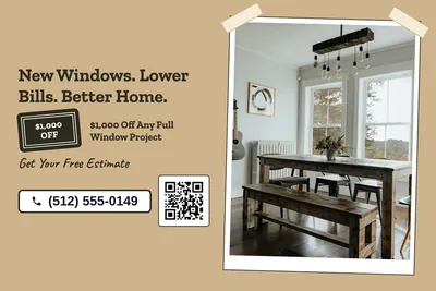 Kraft and stamp · Split: New Windows. Lower Bills. Better Home.