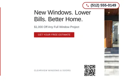Minimal White · Left-Aligned Editorial: New Windows. Lower Bills. Better Home.