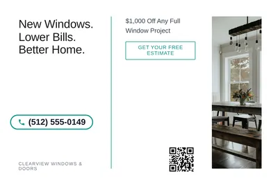 Minimal White · Split Vertical: New Windows. Lower Bills. Better Home.