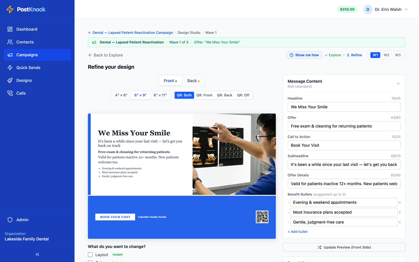 Design Studio refine phase with Front and Back tabs, size options, QR placement controls and a message content editor