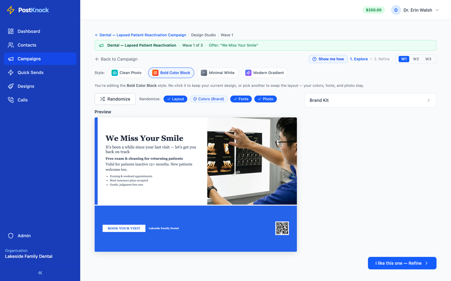 Design Studio explore phase with four style shells and a live postcard preview showing the wave 1 headline