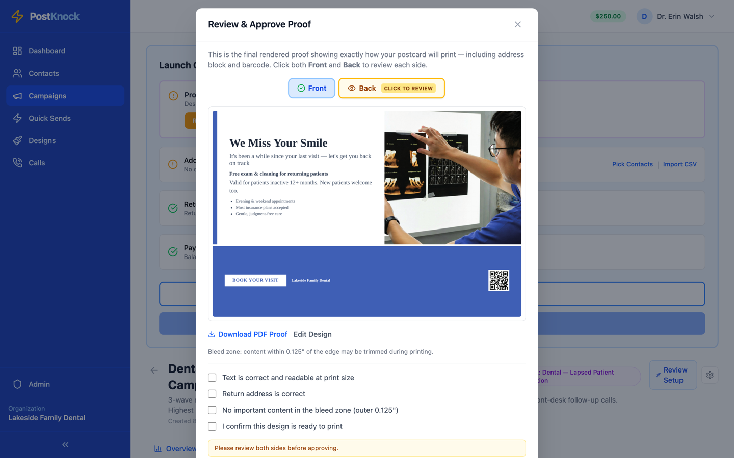 The Review and Approve Proof dialog showing the rendered front of the postcard, a Back tab marked click to review, and four confirmation checkboxes