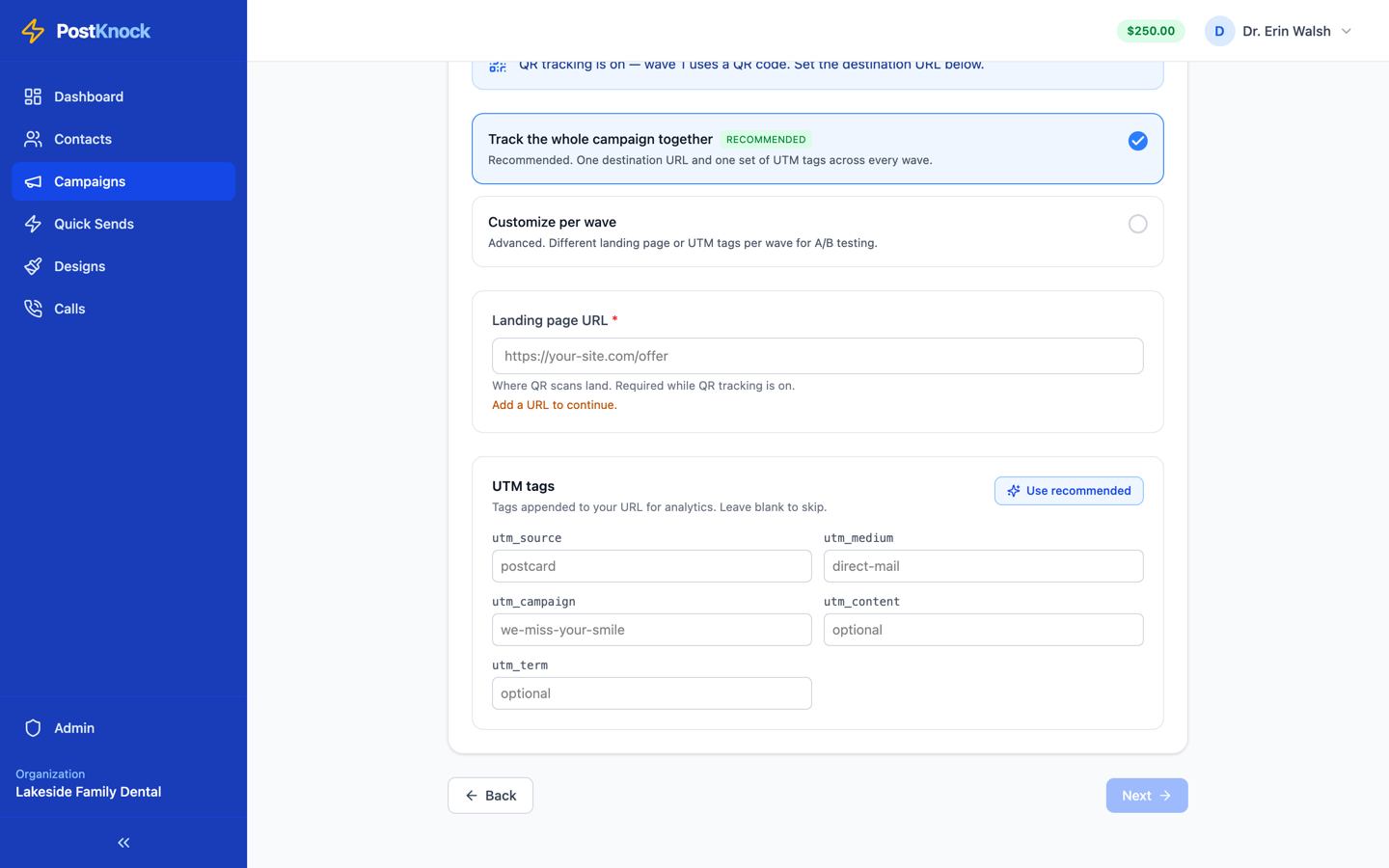 The QR and link tracking step with a destination URL field and UTM tag defaults