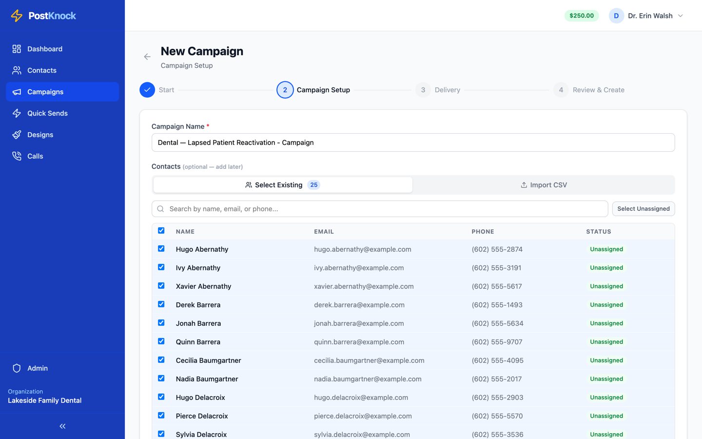 The Campaign Setup step with a campaign name field and a contact picker offering Select Existing or Import CSV