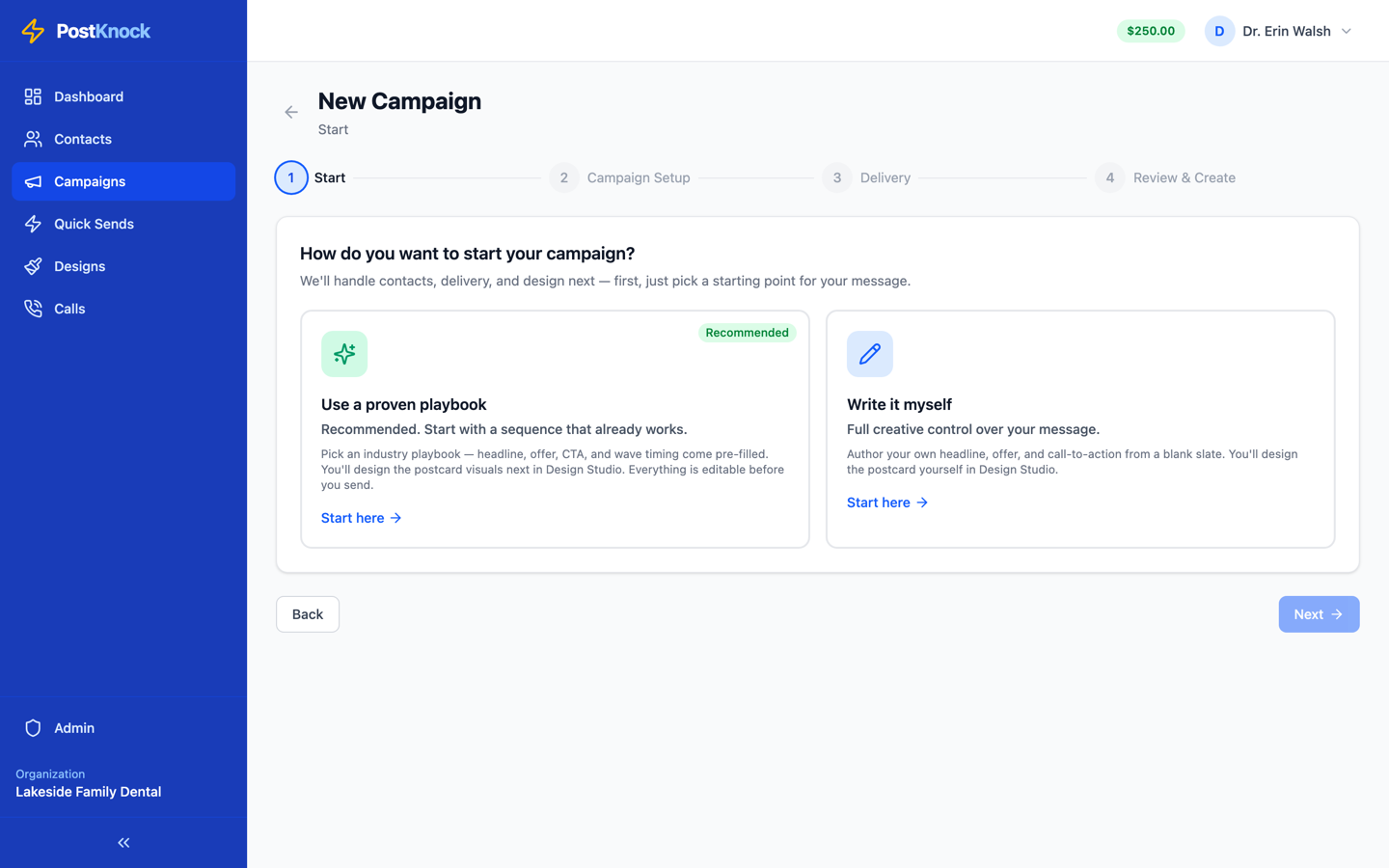 The New Campaign wizard asking how you want to start, with 'Use a proven playbook' and 'Write it myself' options