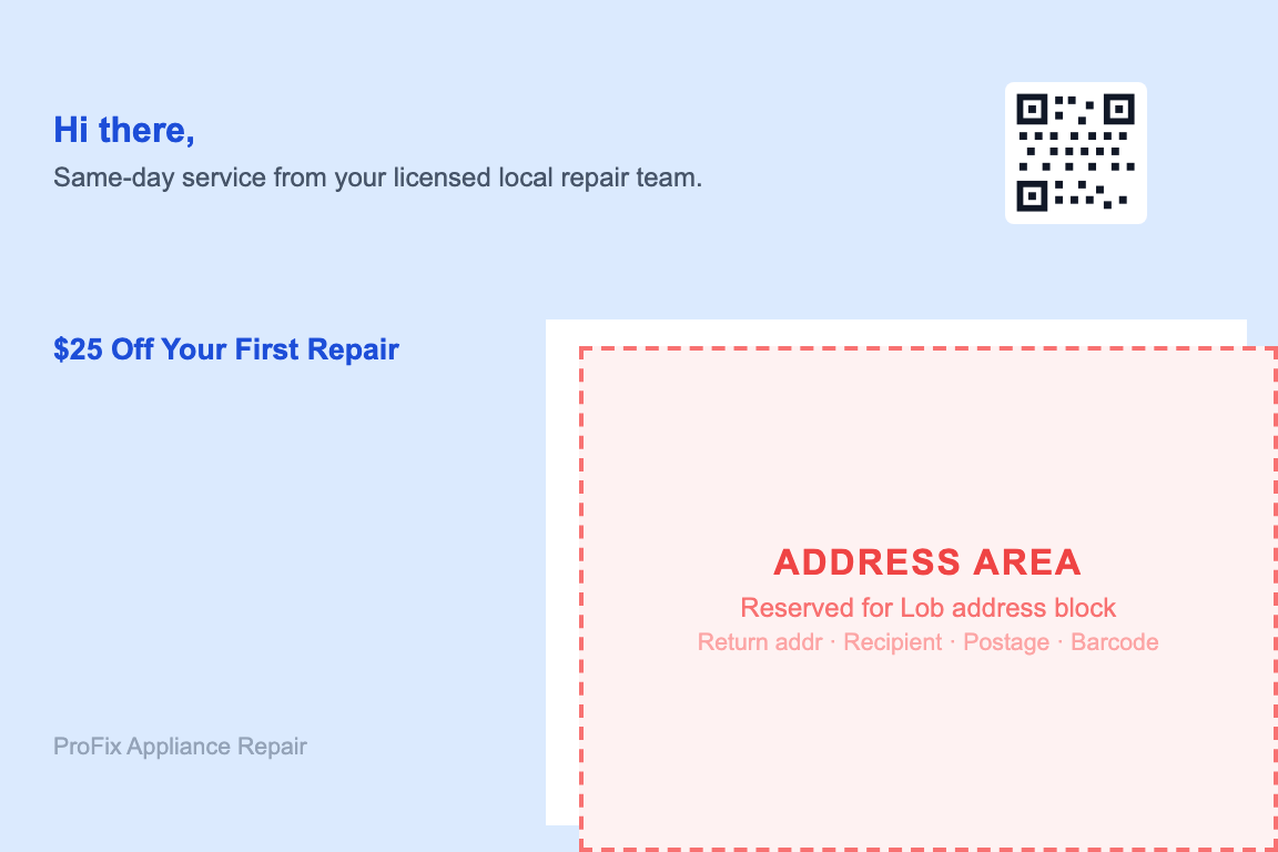 appliance repair postcard back showing return address and recipient zone &mdash; New Customer Acquisition