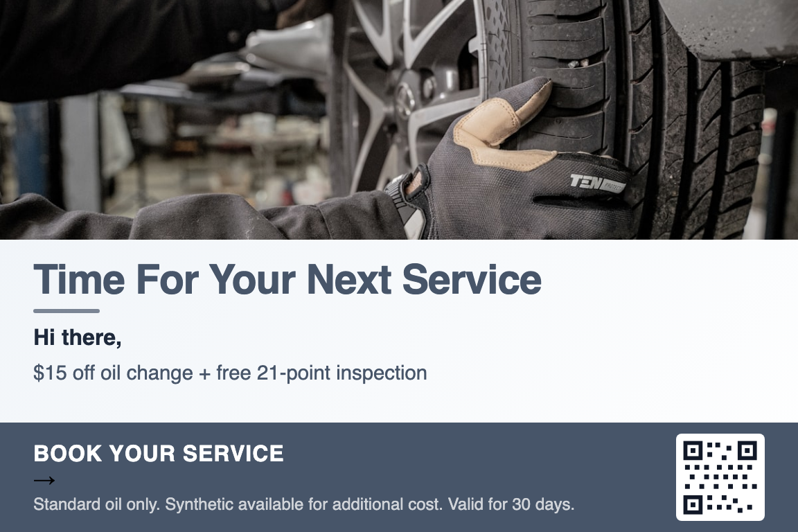 Auto repair service reminder postcard example