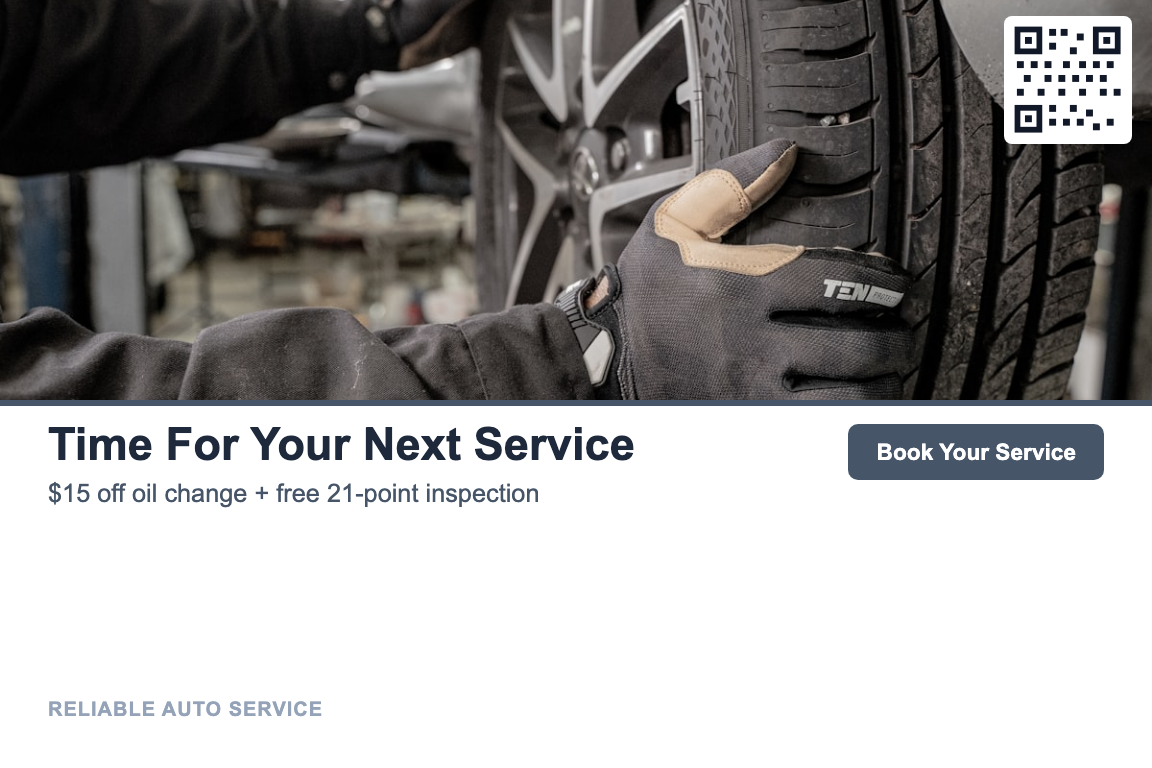 Photo-led auto repair shop service reminder postcard design