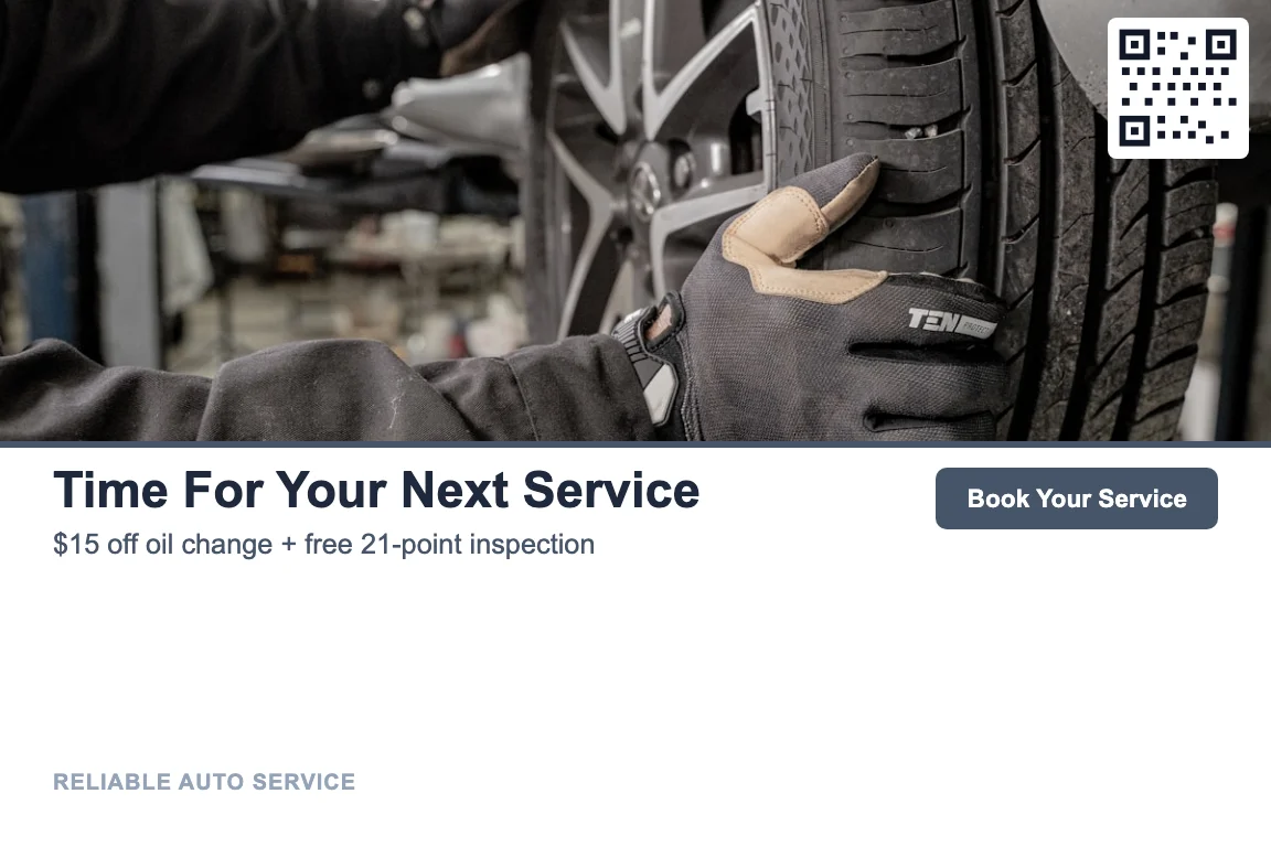 Photo-led auto repair shop service reminder postcard design