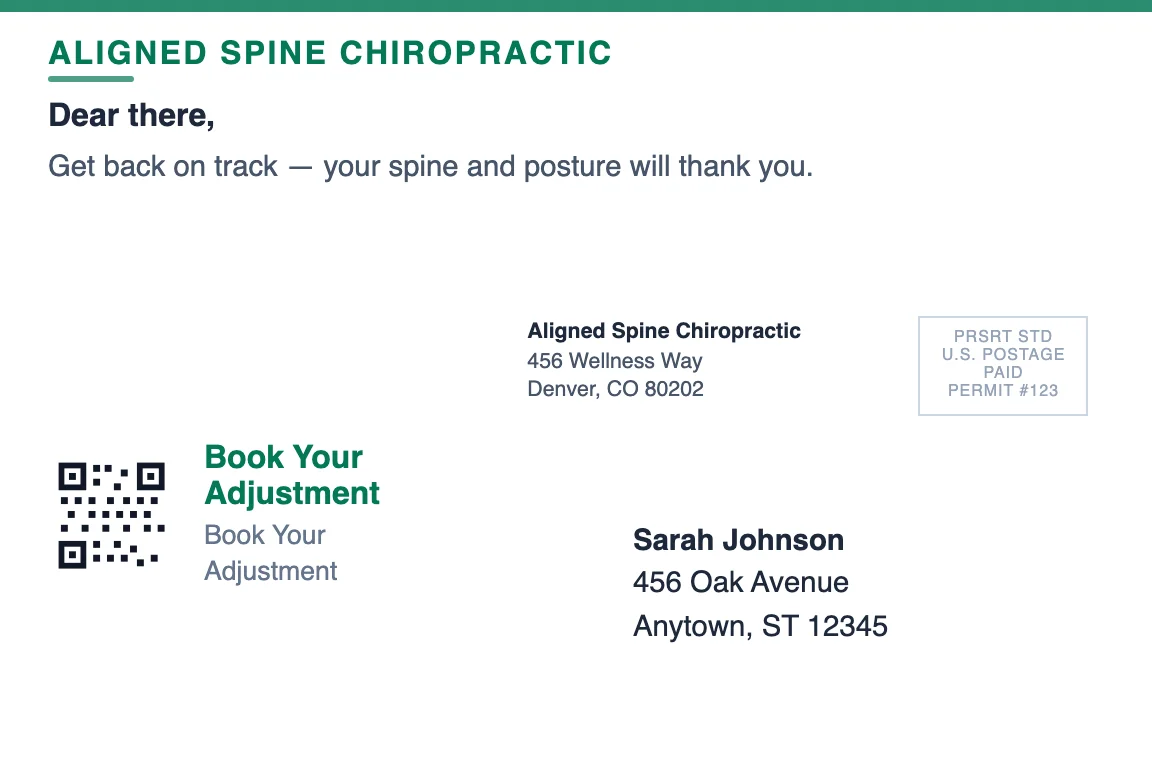 chiropractic practice postcard back showing return address and recipient zone: Lapsed Patient Reactivation