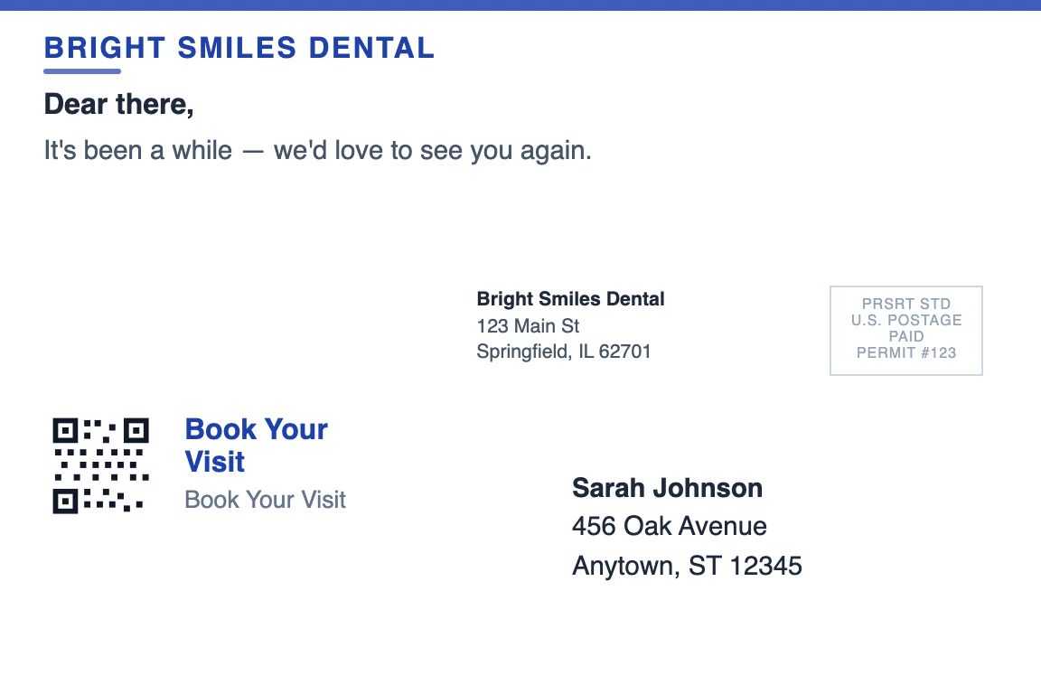dental practice postcard back showing return address and recipient zone: Lapsed Patient Reactivation