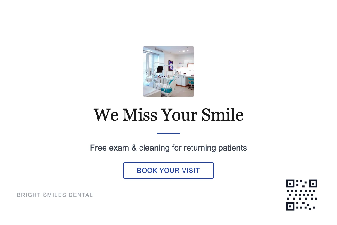 Minimal dental practice postcard design: Lapsed Patient Reactivation