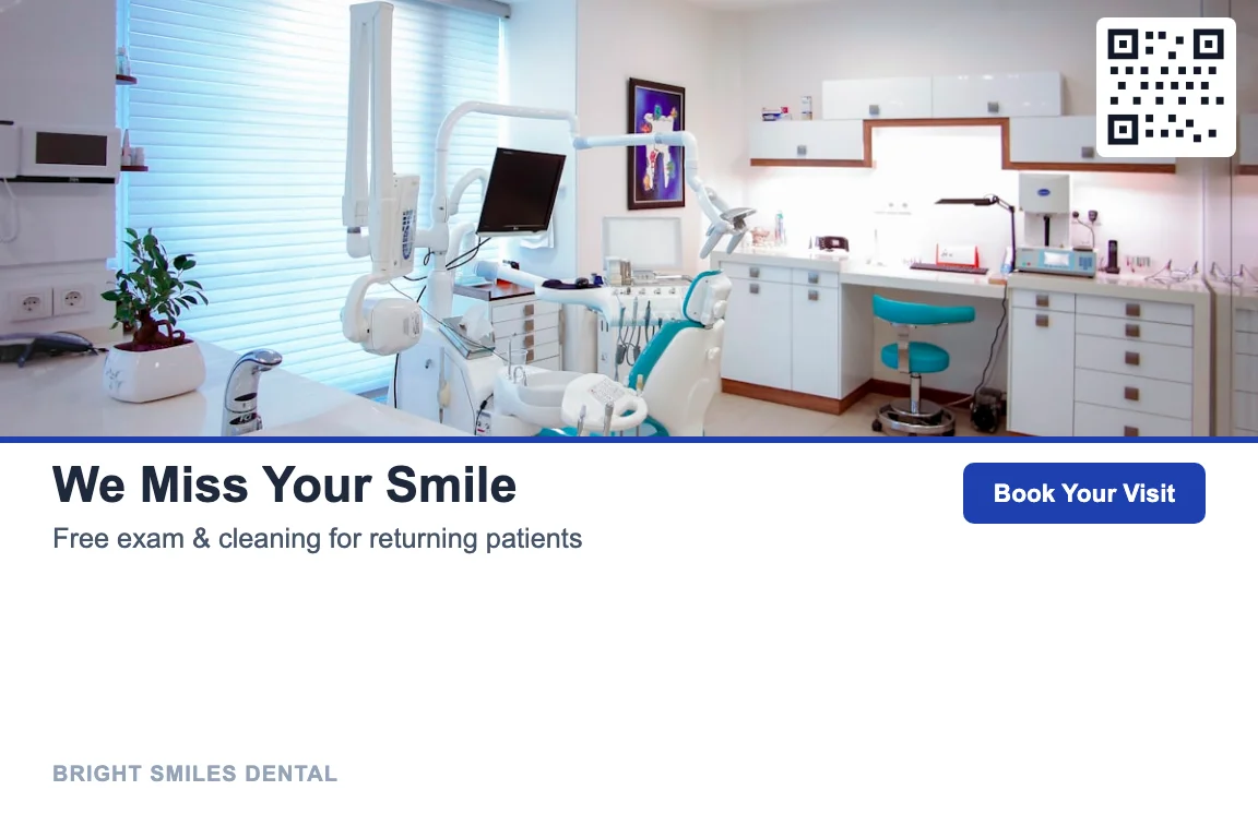Photo-led dental practice postcard design: Lapsed Patient Reactivation