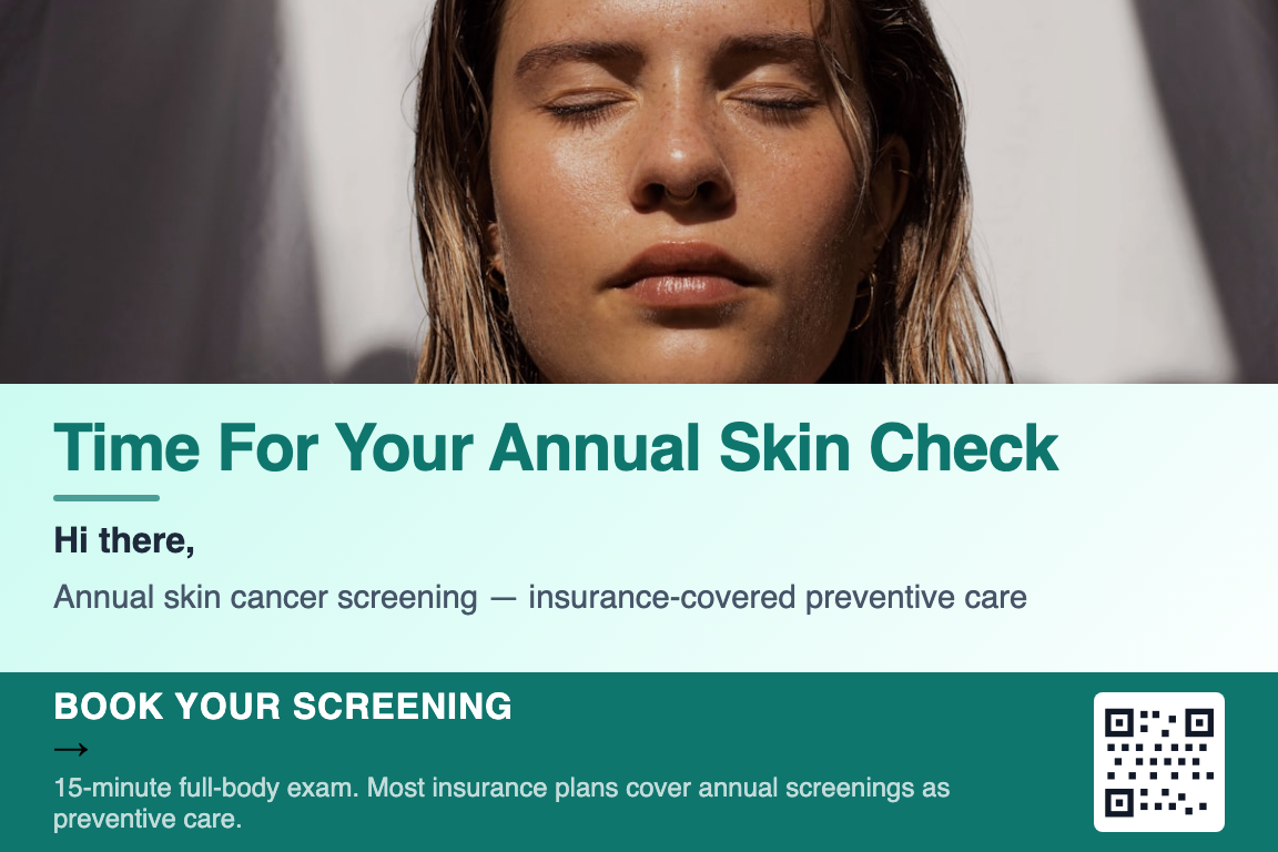Dermatology annual skin cancer screening postcard example