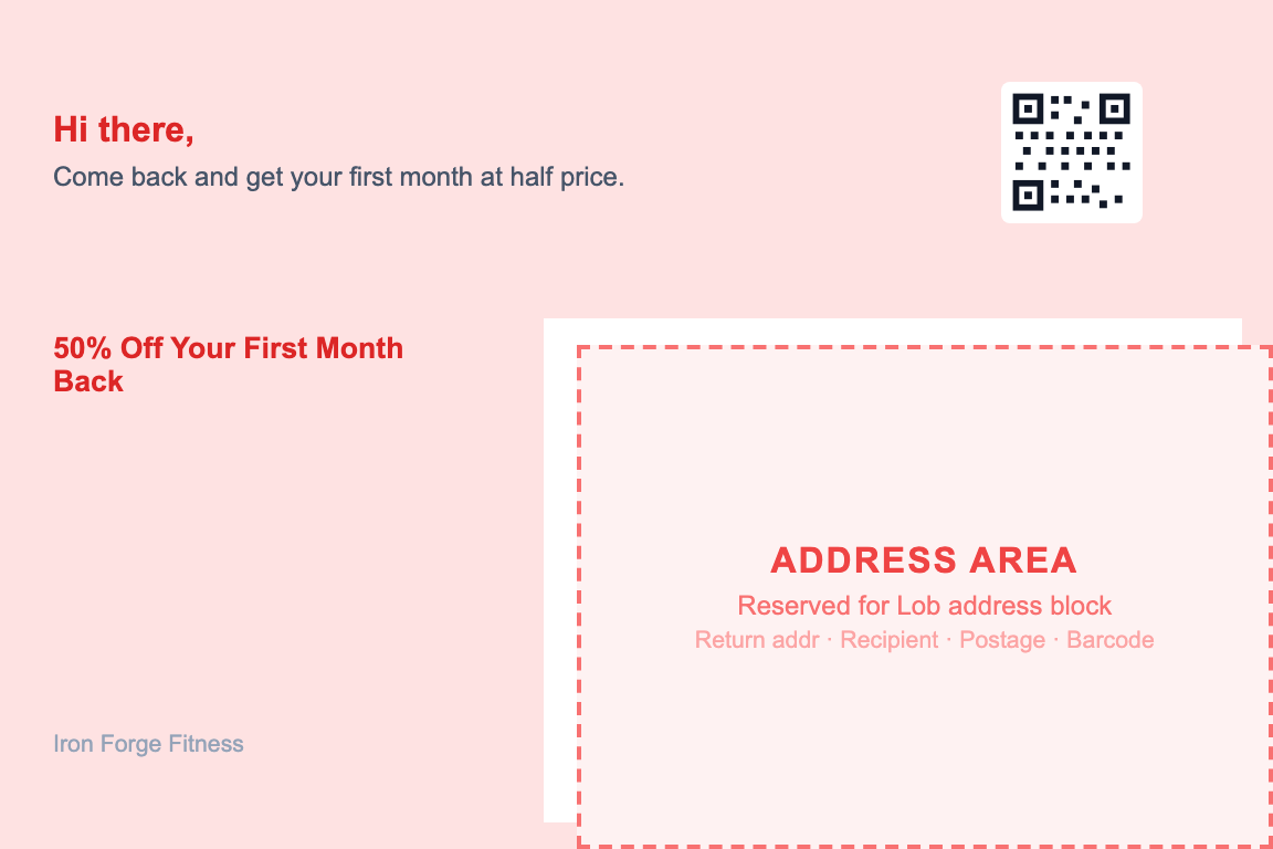 gyms & fitness studios postcard back showing return address and recipient zone &mdash; Lapsed Member Win-Back