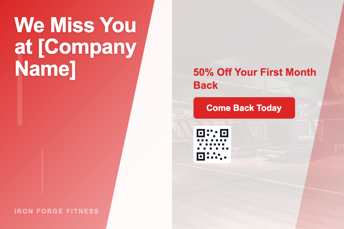 Gradient gyms & fitness studios postcard design &mdash; Lapsed Member Win-Back