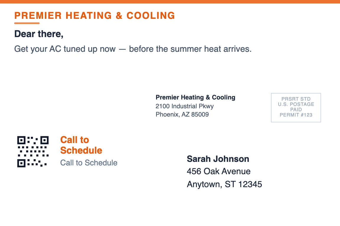 HVAC acquisition postcard back showing return address and recipient zone