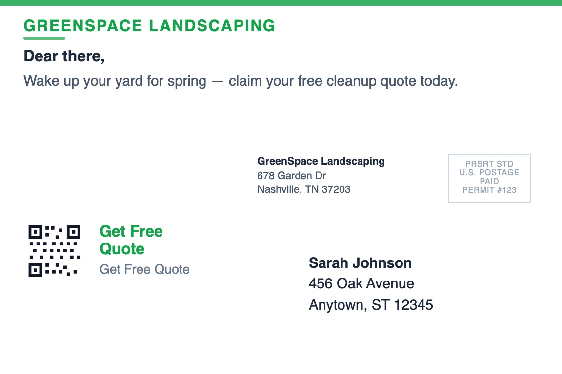 landscaping business postcard back showing return address and recipient zone: Spring Cleanup