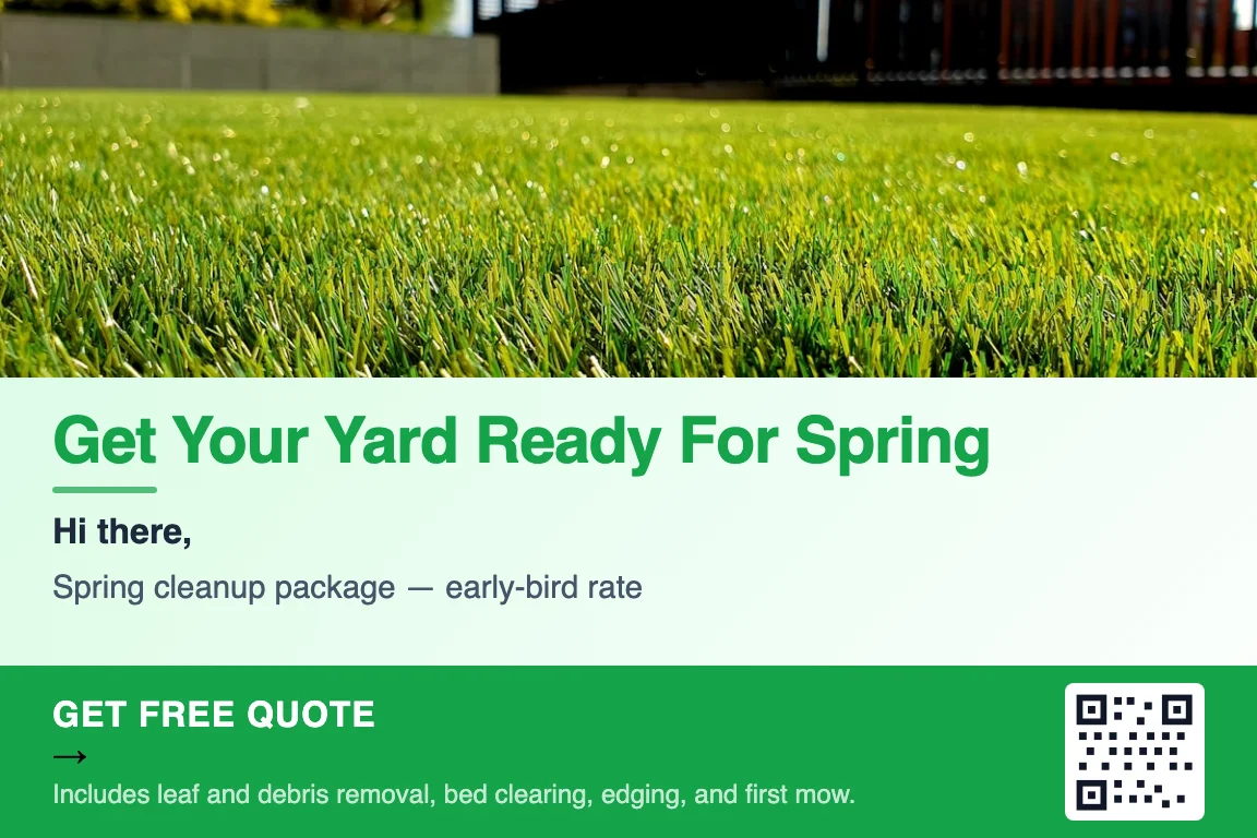 Detailed view of landscaping business postcard front: Spring Cleanup