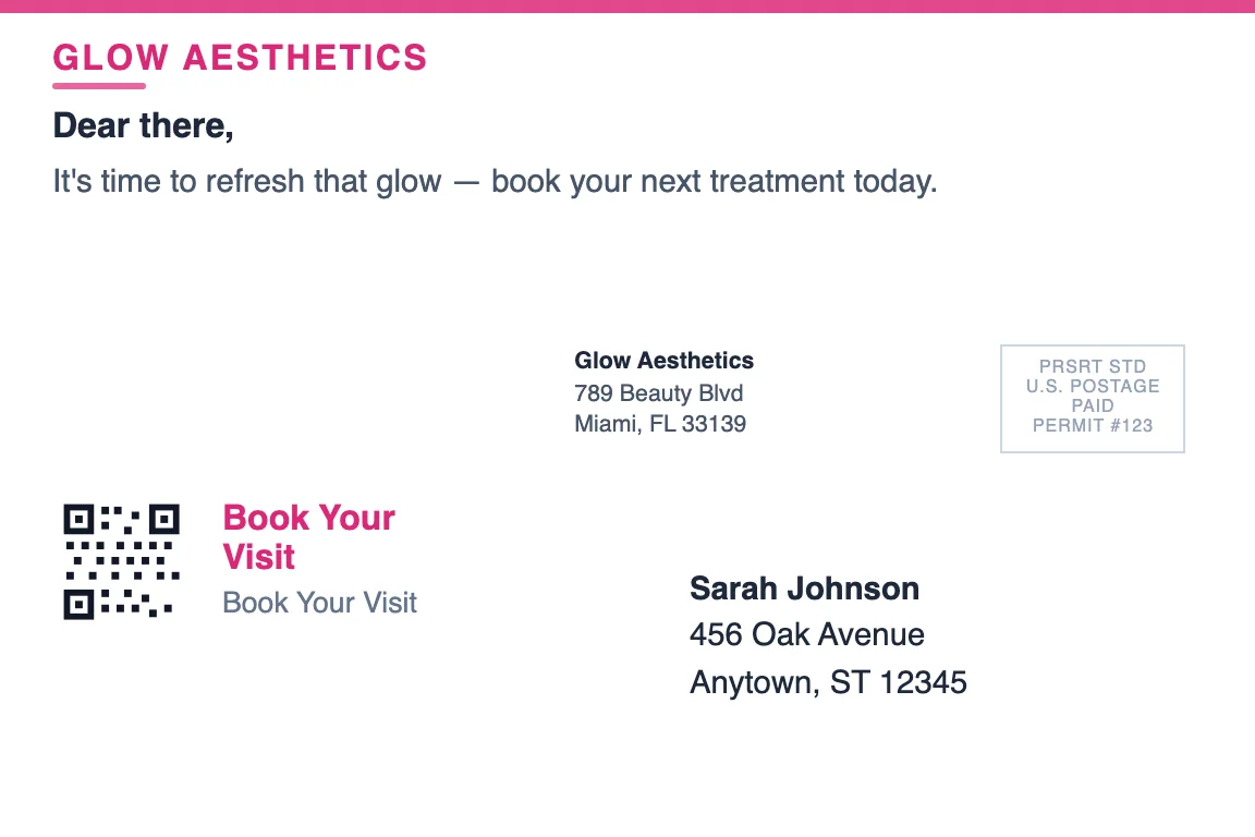 Med spa new-client postcard back showing return address and recipient zone