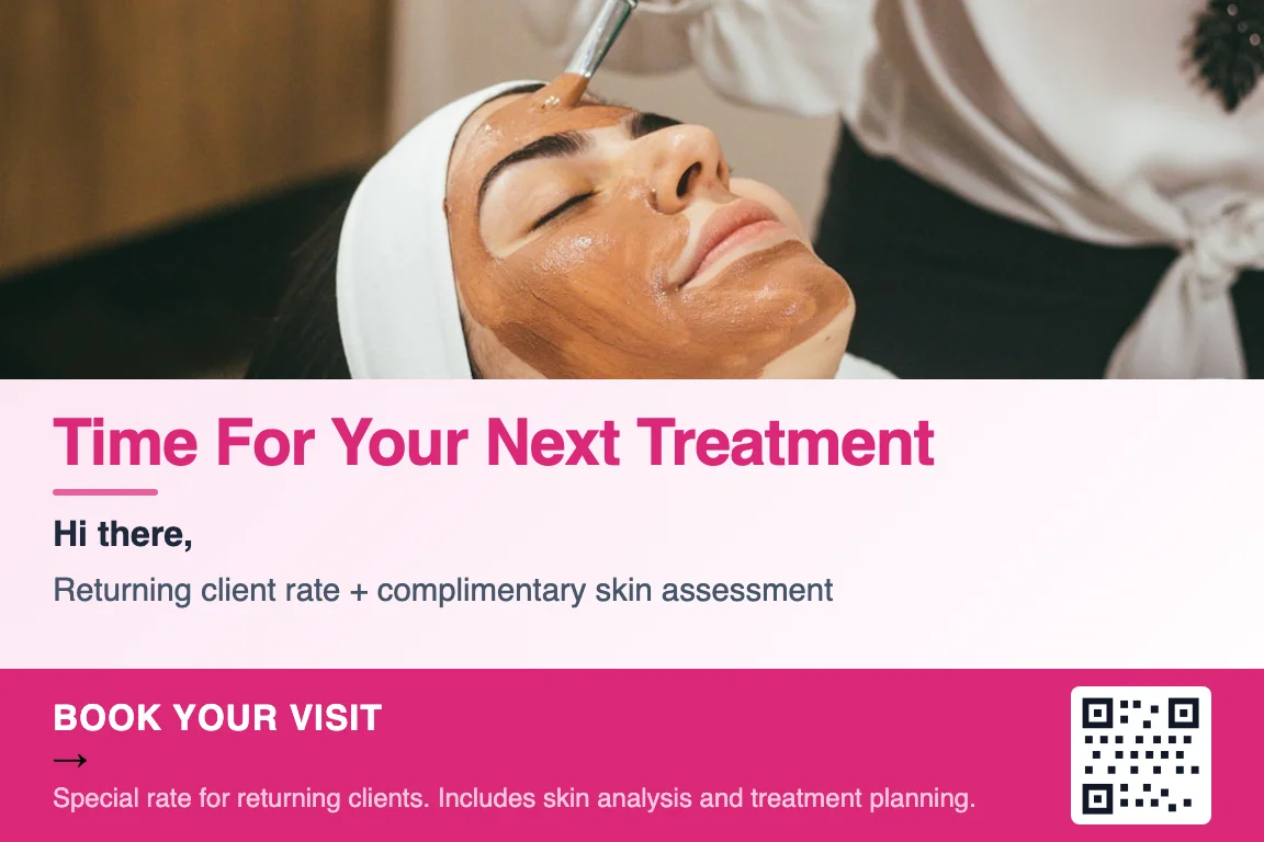 Detailed view of a med spa new-client postcard front