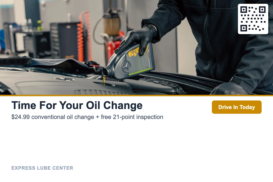 Photo-led oil change service reminder postcard design