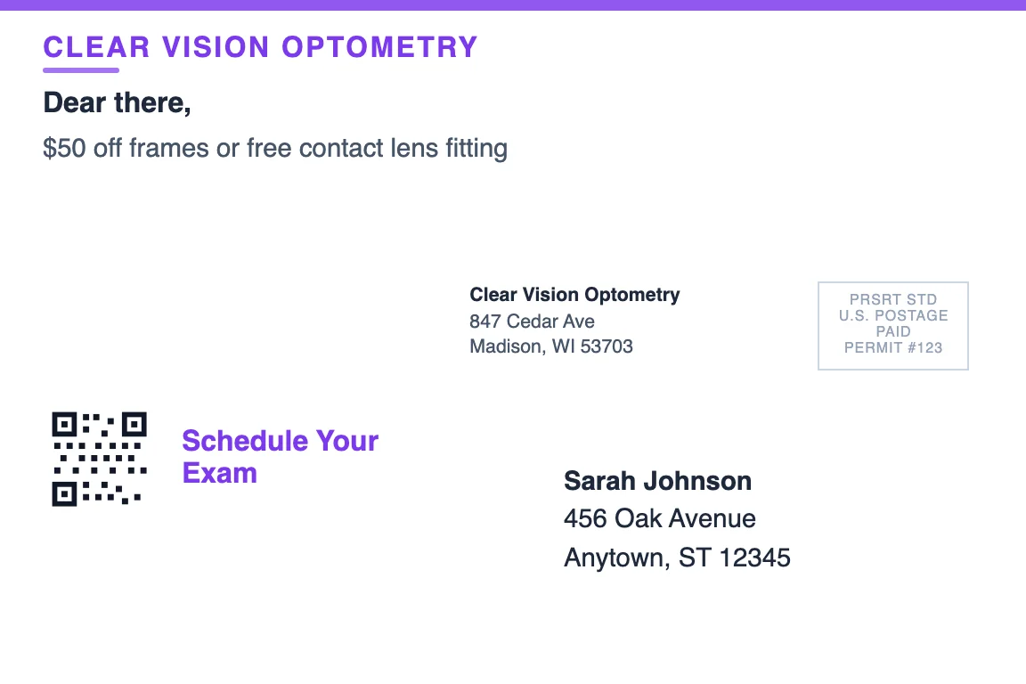 optometry practice postcard back showing return address and recipient zone: Lapsed Patient Reactivation