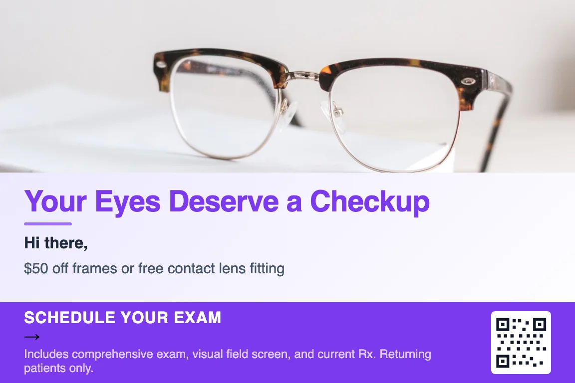 Detailed view of optometry practice postcard front: Lapsed Patient Reactivation