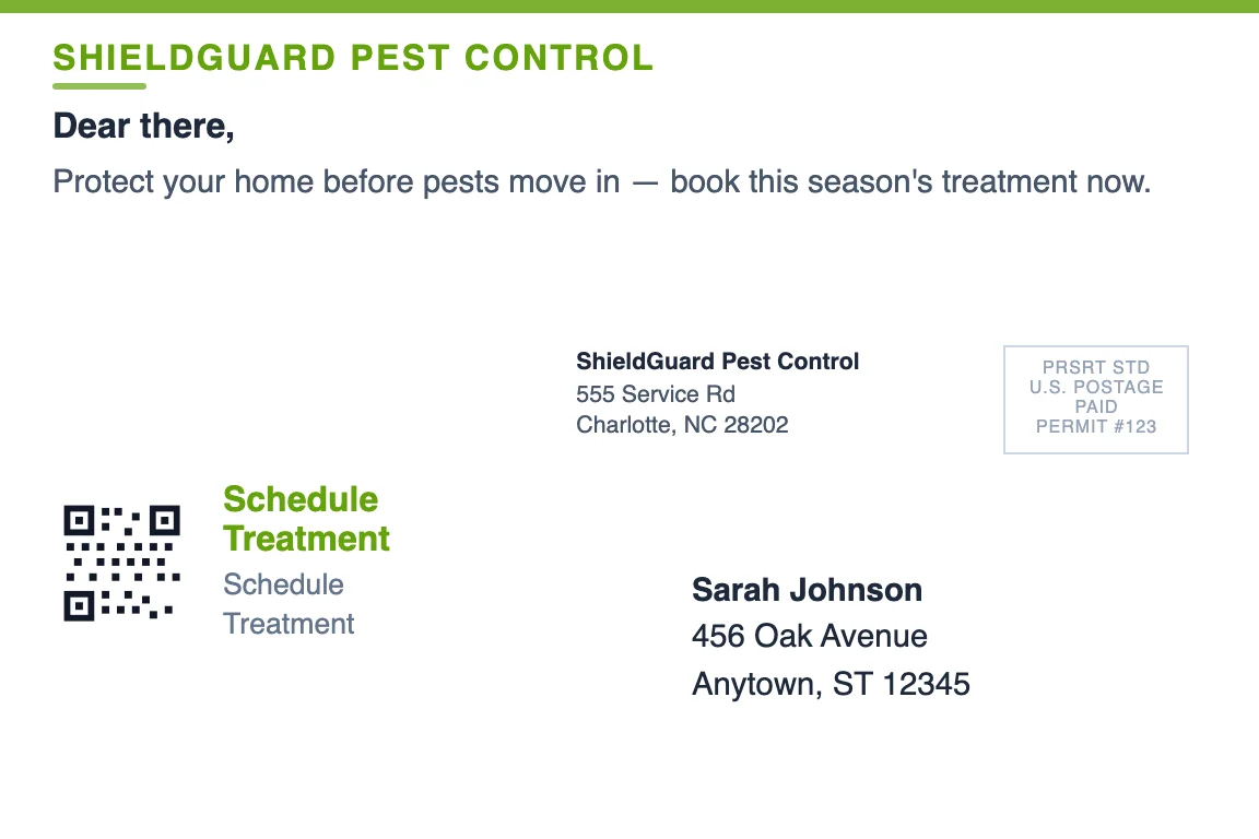 pest control business postcard back showing return address and recipient zone: Seasonal Treatment Reminder