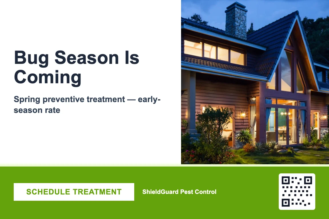 Bold pest control business postcard design: Seasonal Treatment Reminder