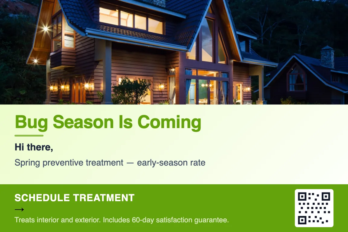 Detailed view of pest control business postcard front: Seasonal Treatment Reminder