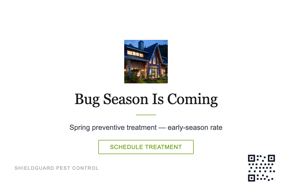 Minimal pest control business postcard design: Seasonal Treatment Reminder