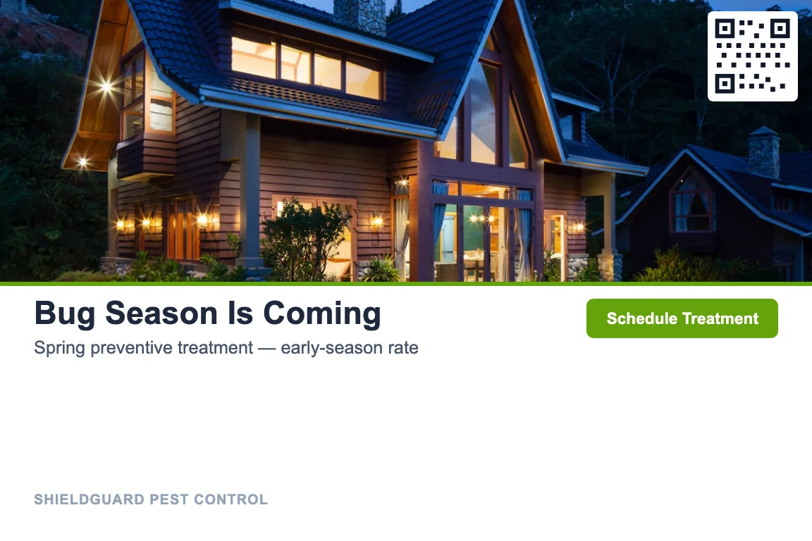 Photo-led pest control business postcard design: Seasonal Treatment Reminder