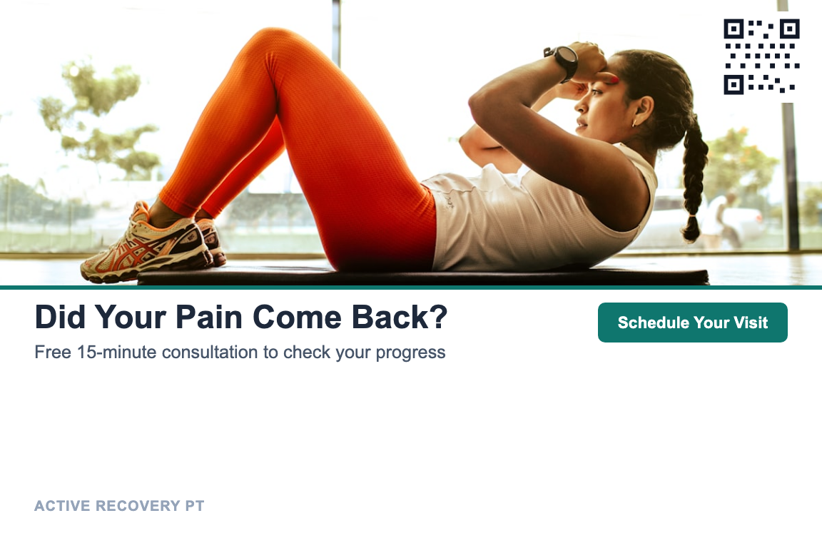 Photo-led physical therapy clinic patient reactivation postcard design