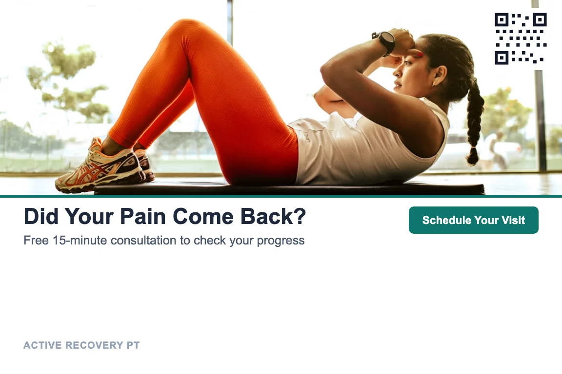 Photo-led physical therapy clinic patient reactivation postcard design