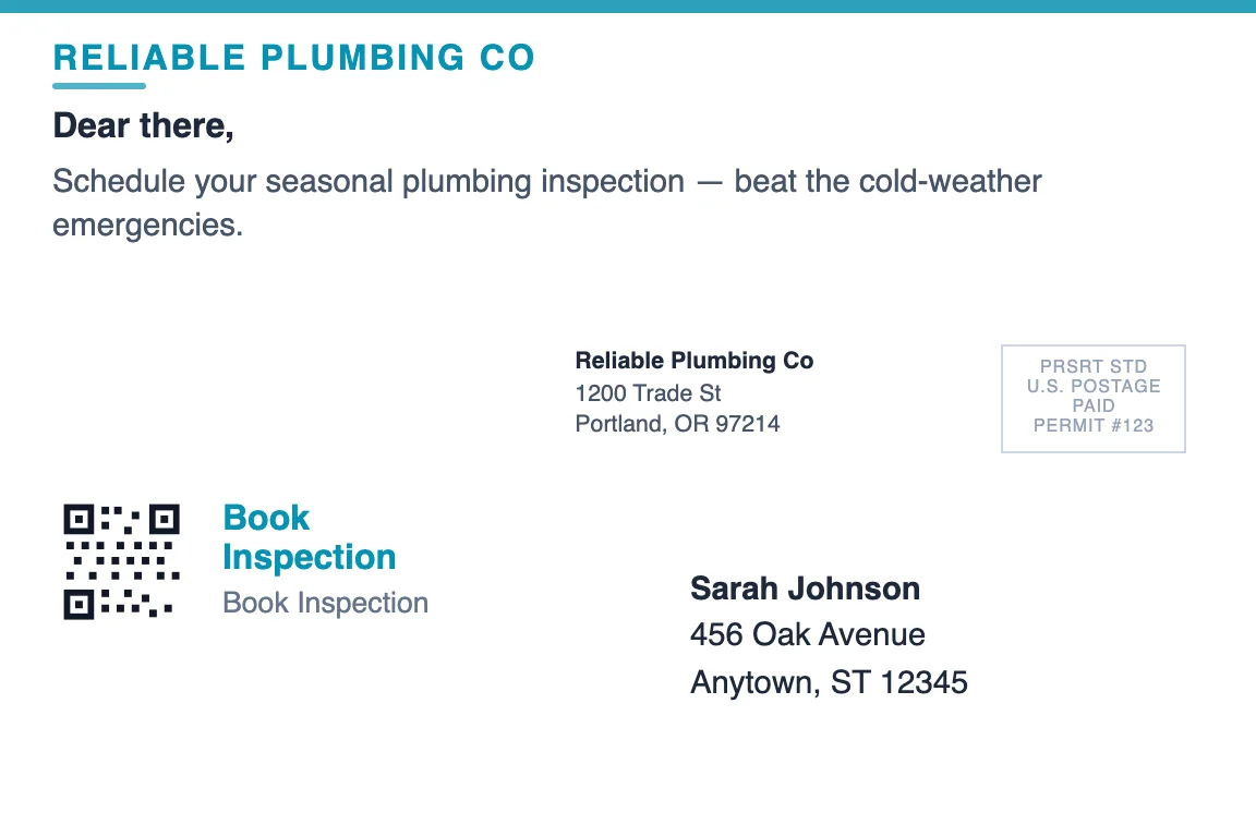plumbing business postcard back showing return address and recipient zone: Seasonal Maintenance