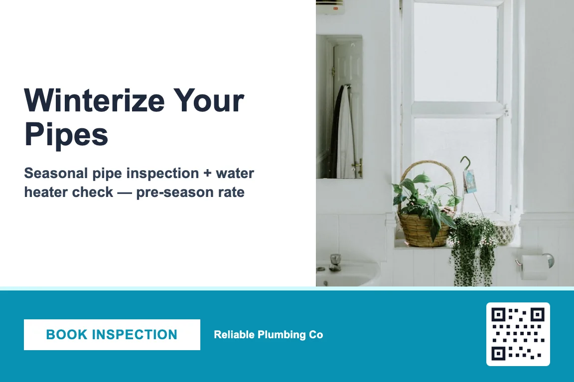 Bold plumbing business postcard design: Seasonal Maintenance