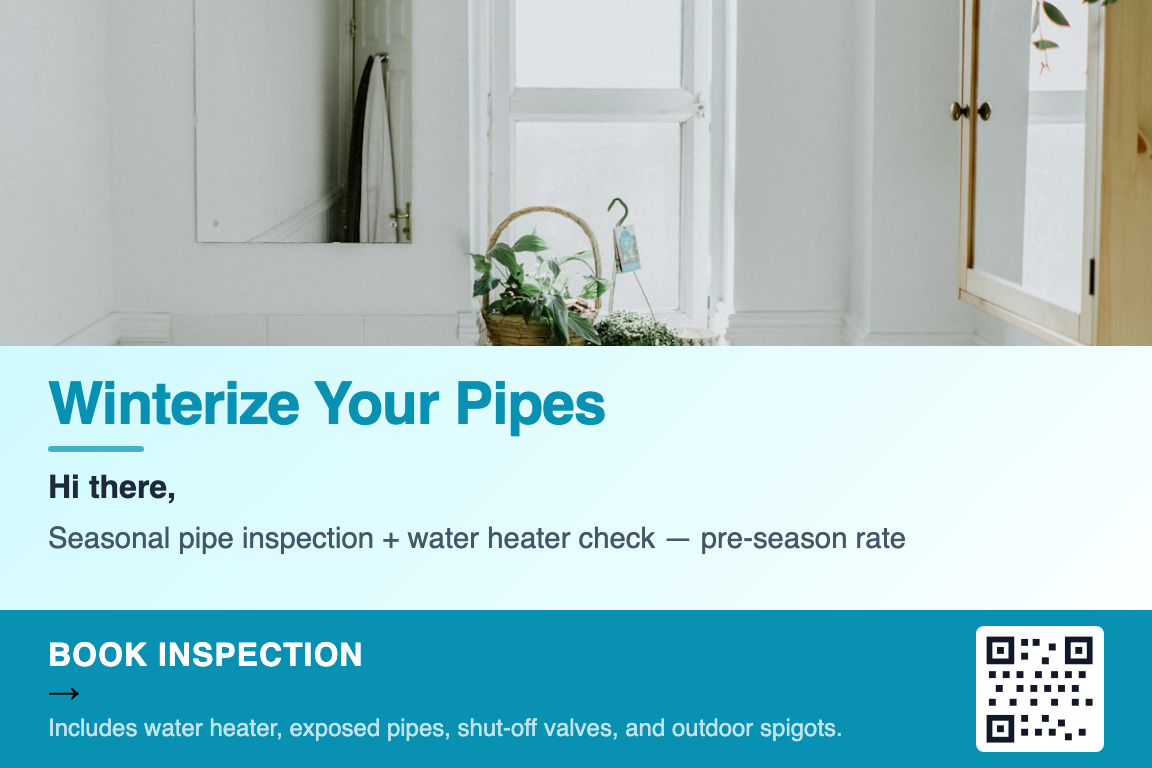 Detailed view of plumbing business postcard front &mdash; Seasonal Maintenance
