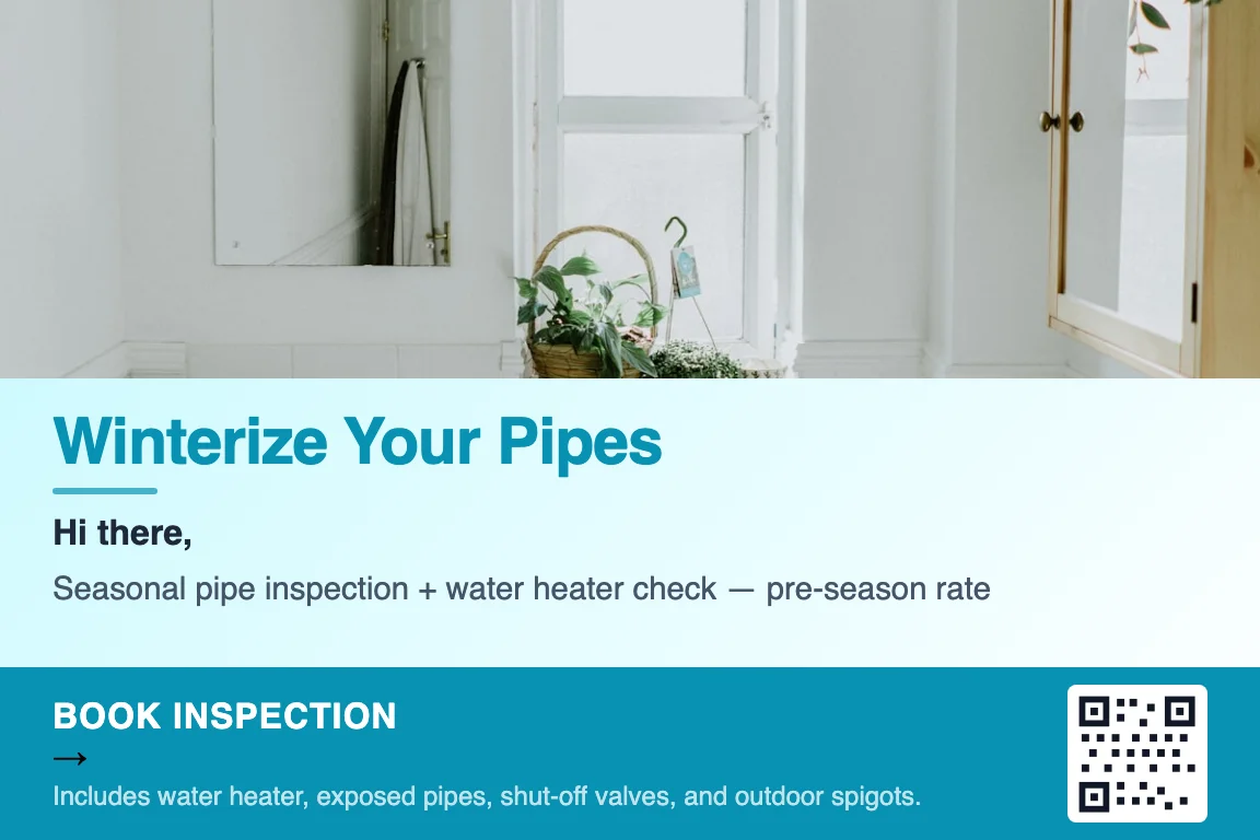 Detailed view of plumbing business postcard front: Seasonal Maintenance