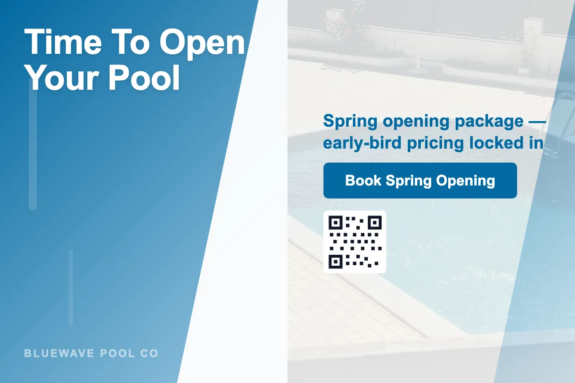 Pool service seasonal promotion postcard design: spring pool opening offer
