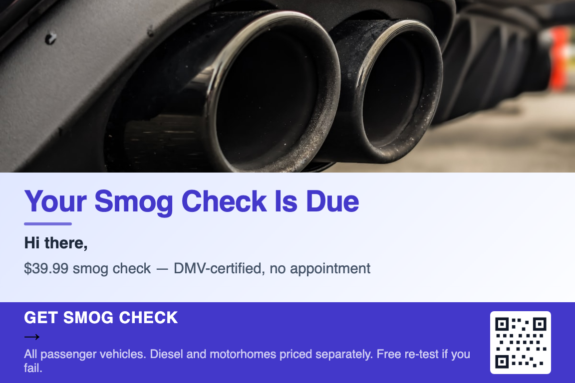 Smog check renewal reminder postcard example