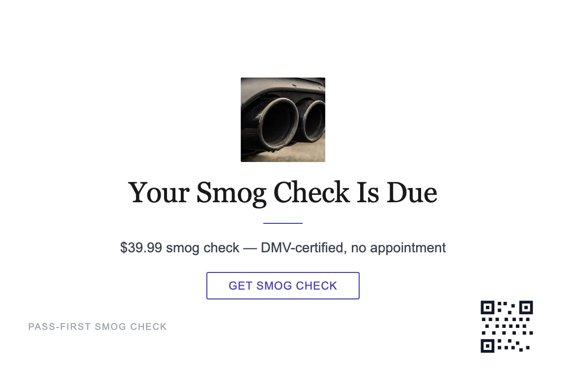 Minimal smog check renewal reminder postcard design