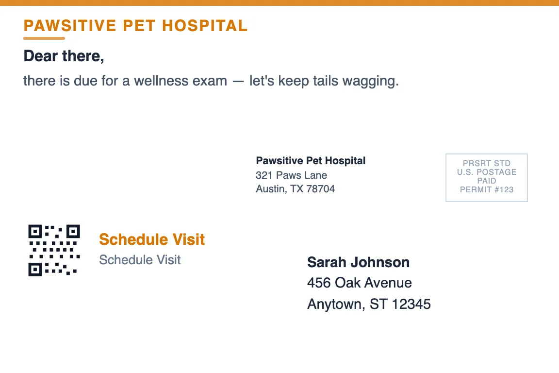veterinary clinic postcard back showing return address and recipient zone: Annual Wellness Recall